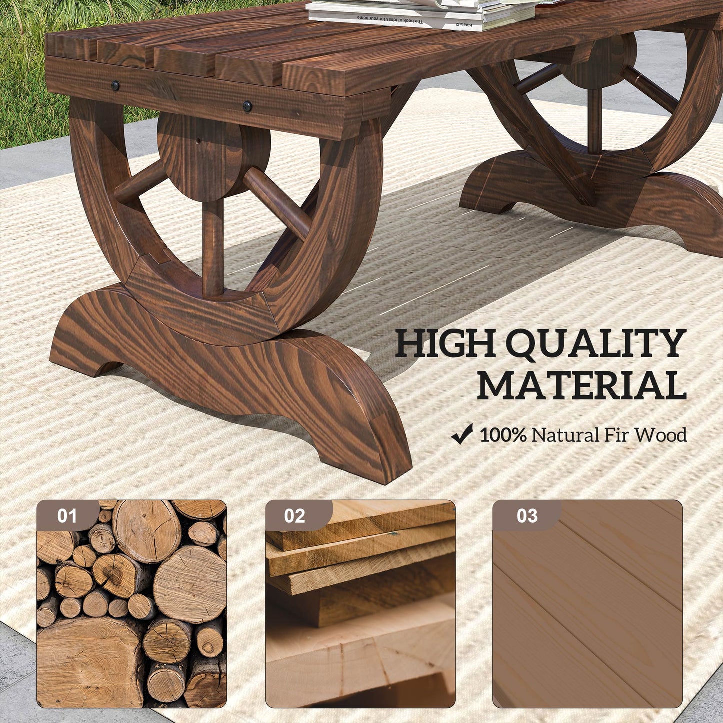 Rustic Wood Wheel Outdoor Garden Bench for 2-Person with a Unique Wheel Design on the Legs & Strong Build, Brown