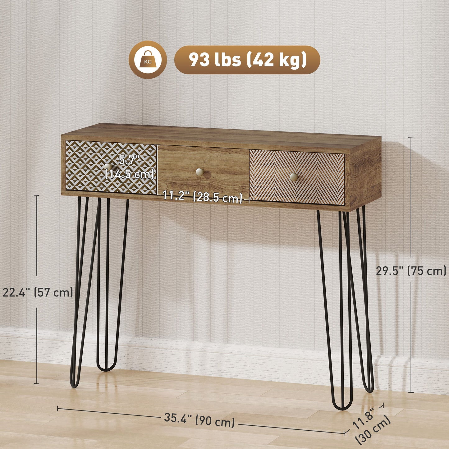 Narrow Console Table with Drawers, 35" Entryway Table with Hairpin Legs for Hallway, Foyer, Living Room, Brown