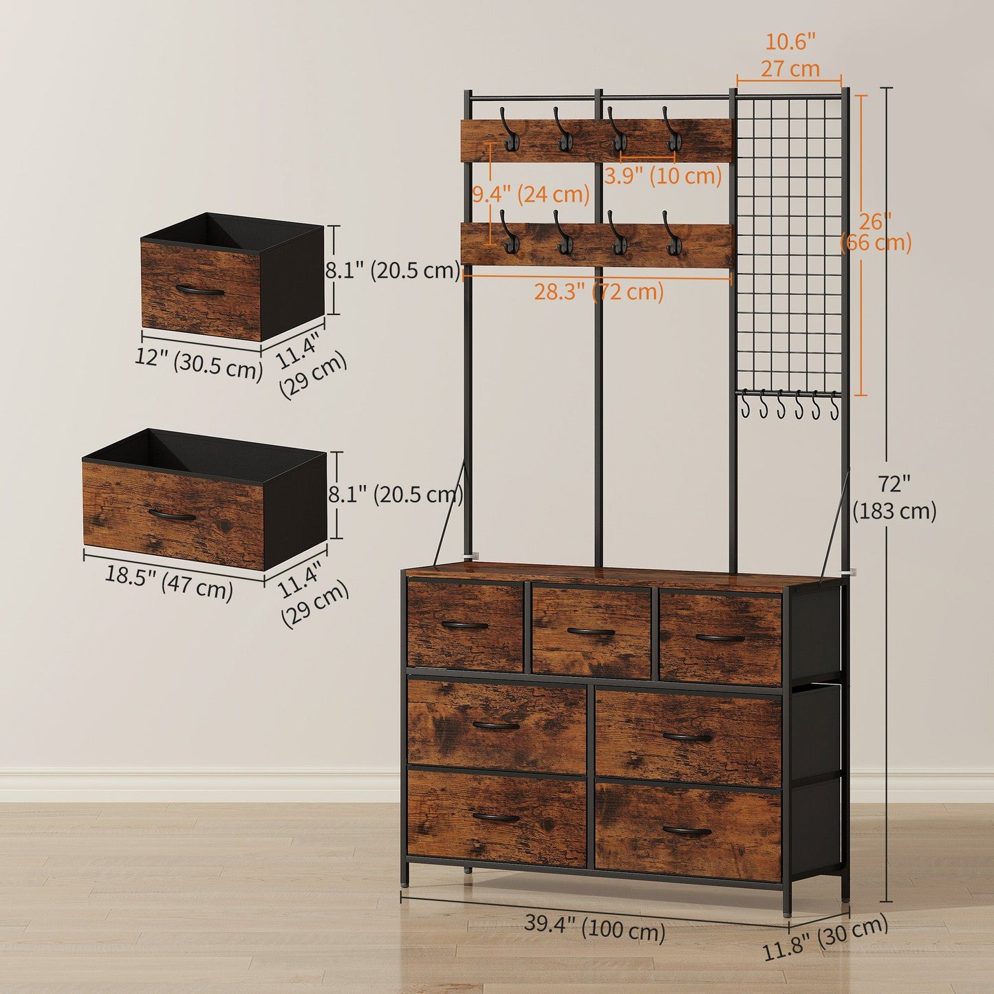 Hall Tree Coat Rack with 7-Drawer Dresser - Rustic Brown