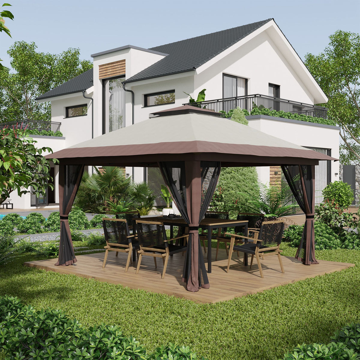13' x 13' Pop Up Canopy, 2-Tier Roof Easy up Tent Shelter with Nettings Carry Bag Weight Bags for Garden, Patio, Beige