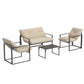4 Piece Outdoor Furniture Set, Patio Conversation Set with Tempered Glass Table, Loveseat, 2 Chairs and Cushions, Beige