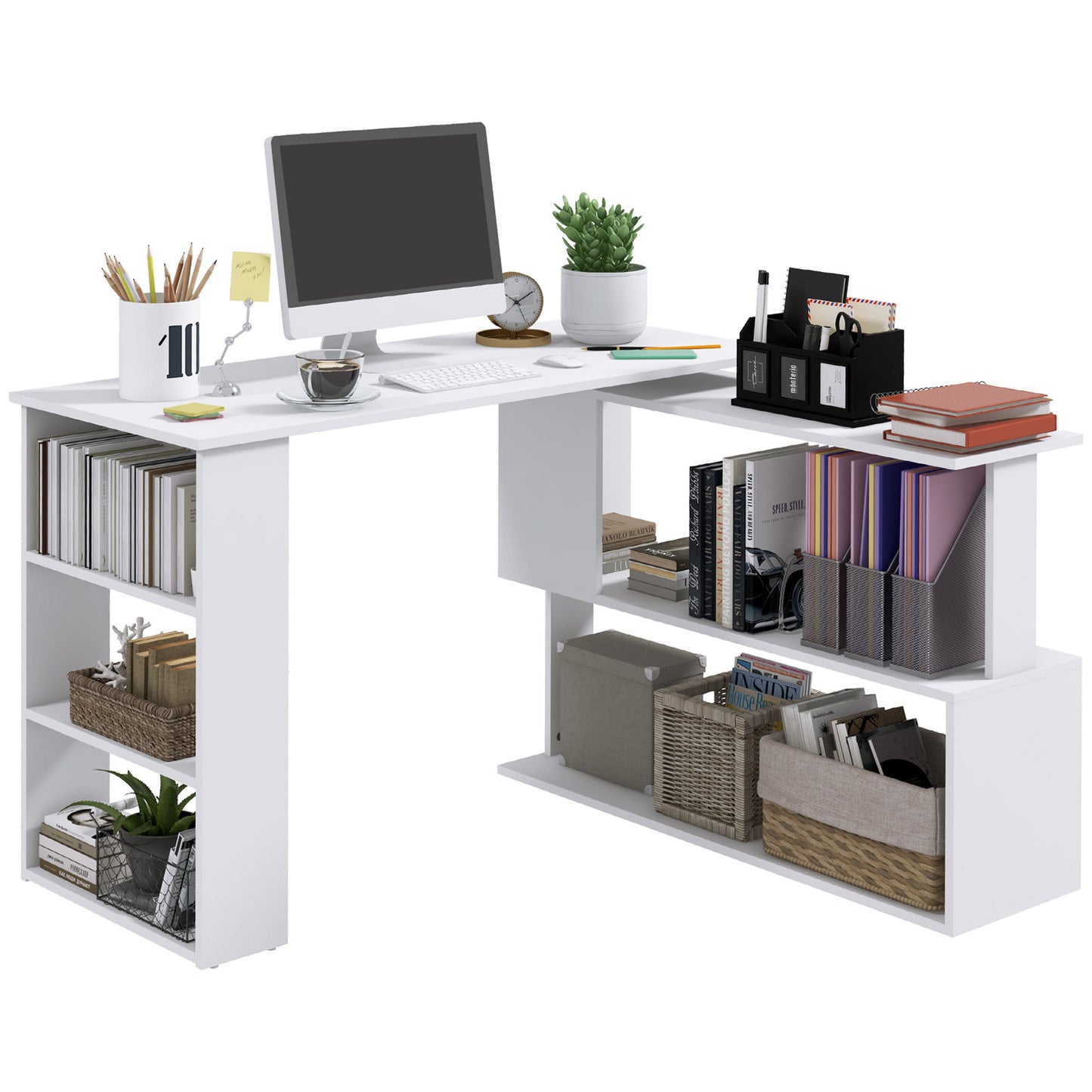 47" L Shaped Desk, 360° Rotating Corner Desk, Reversible Computer Writing Table Workstation with Storage Shelf for Home Office, White