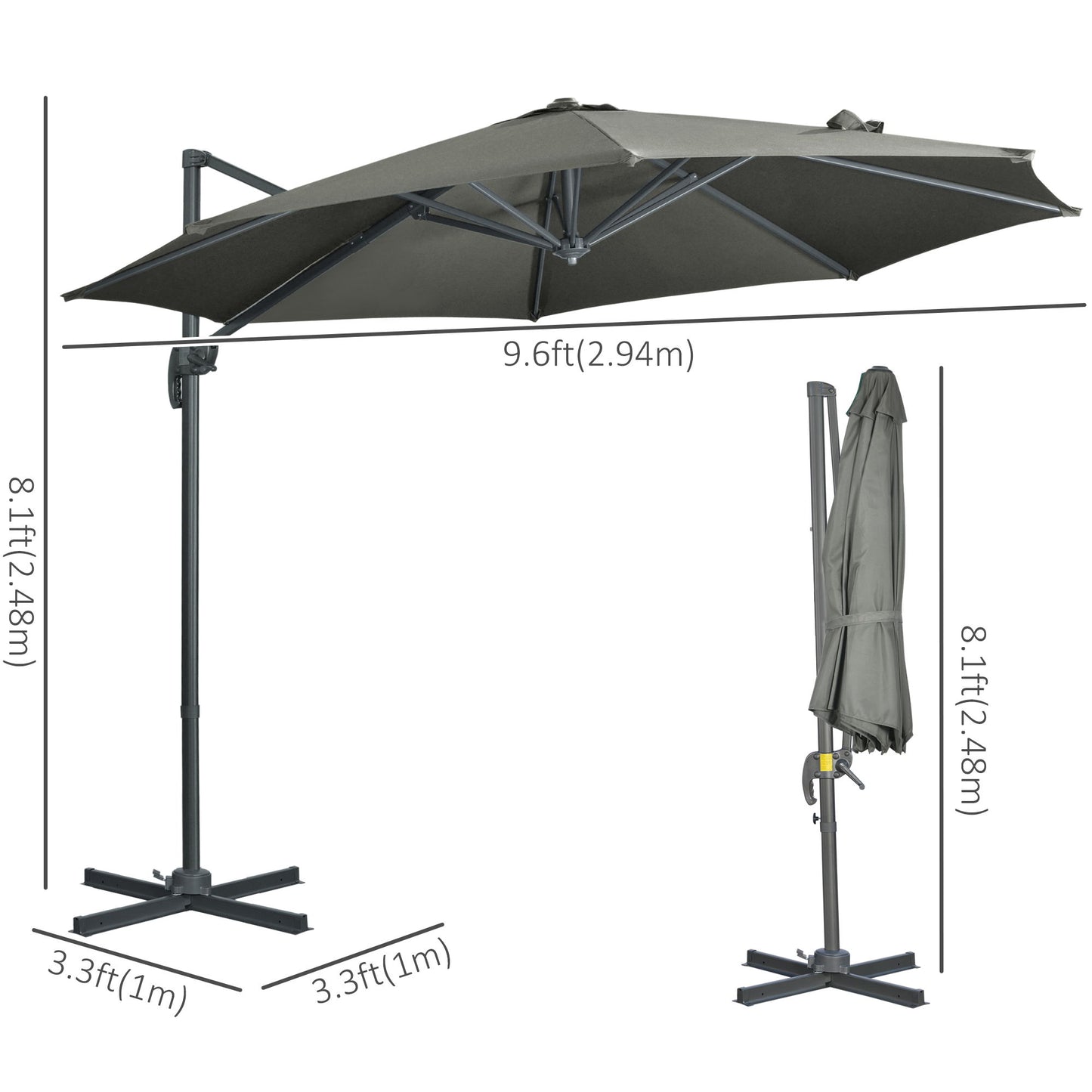 9.6' Cantilever Patio Umbrella Outdoor Hanging Offset Umbrella, Cross Base, 360° Rotation Aluminum Poles, Grey