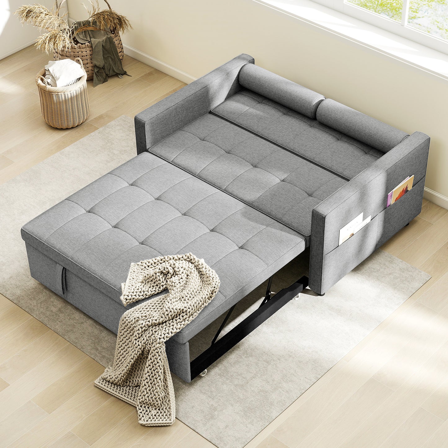 Pull Out Sofa Bed, Sleeper Sofa Couch with USB Ports, Small Linen Loveseat Futon Couch for Living Room, Grey