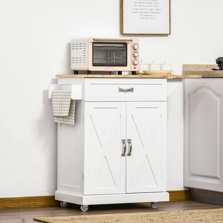 Foldable Rolling Kitchen Island with Drop-Leaf Top - White