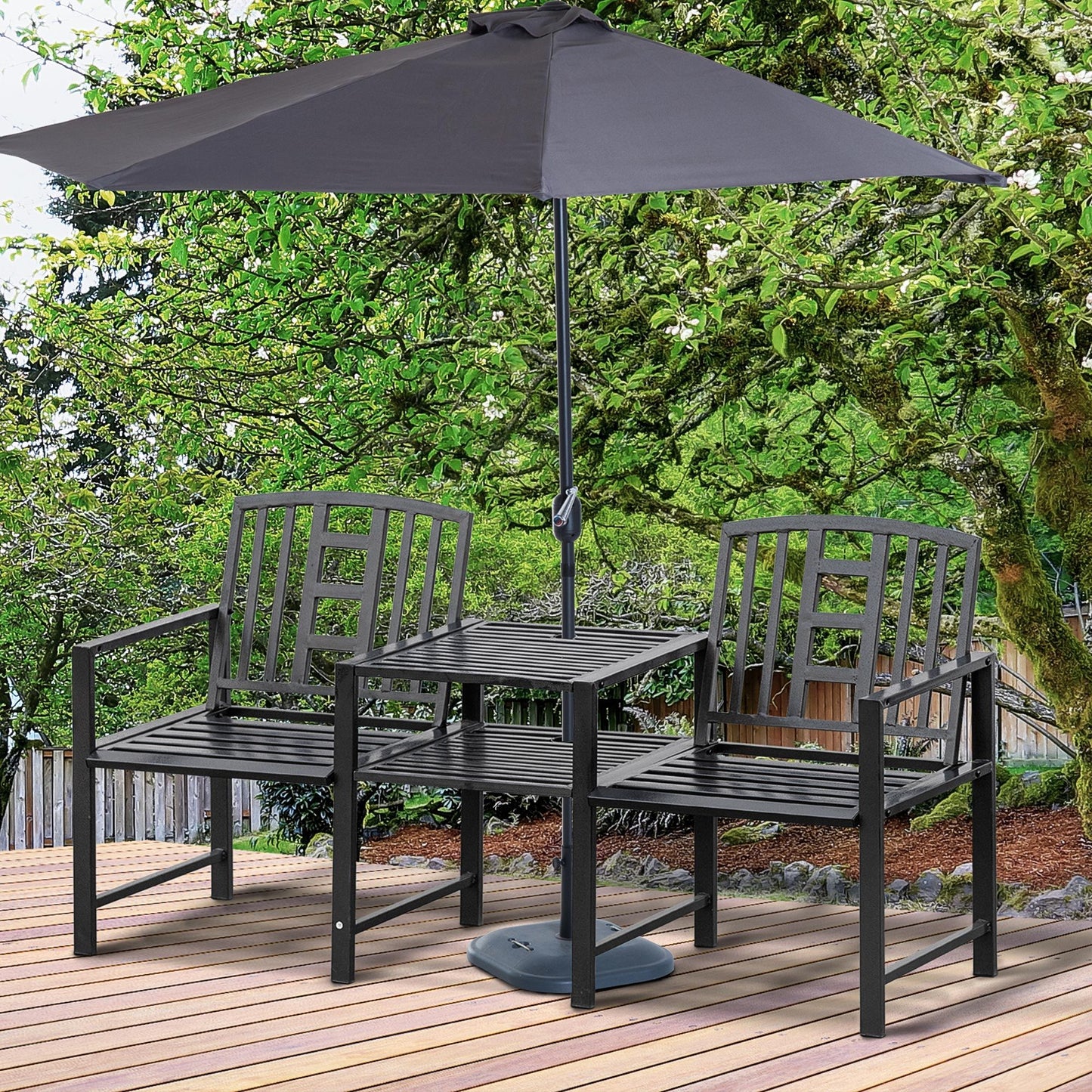 Steel Garden Bench w/ Middle Table, Umbrella Hole, Double Seat for Outdoor, Patio, Backyard Weather-Resistant Frame, Black