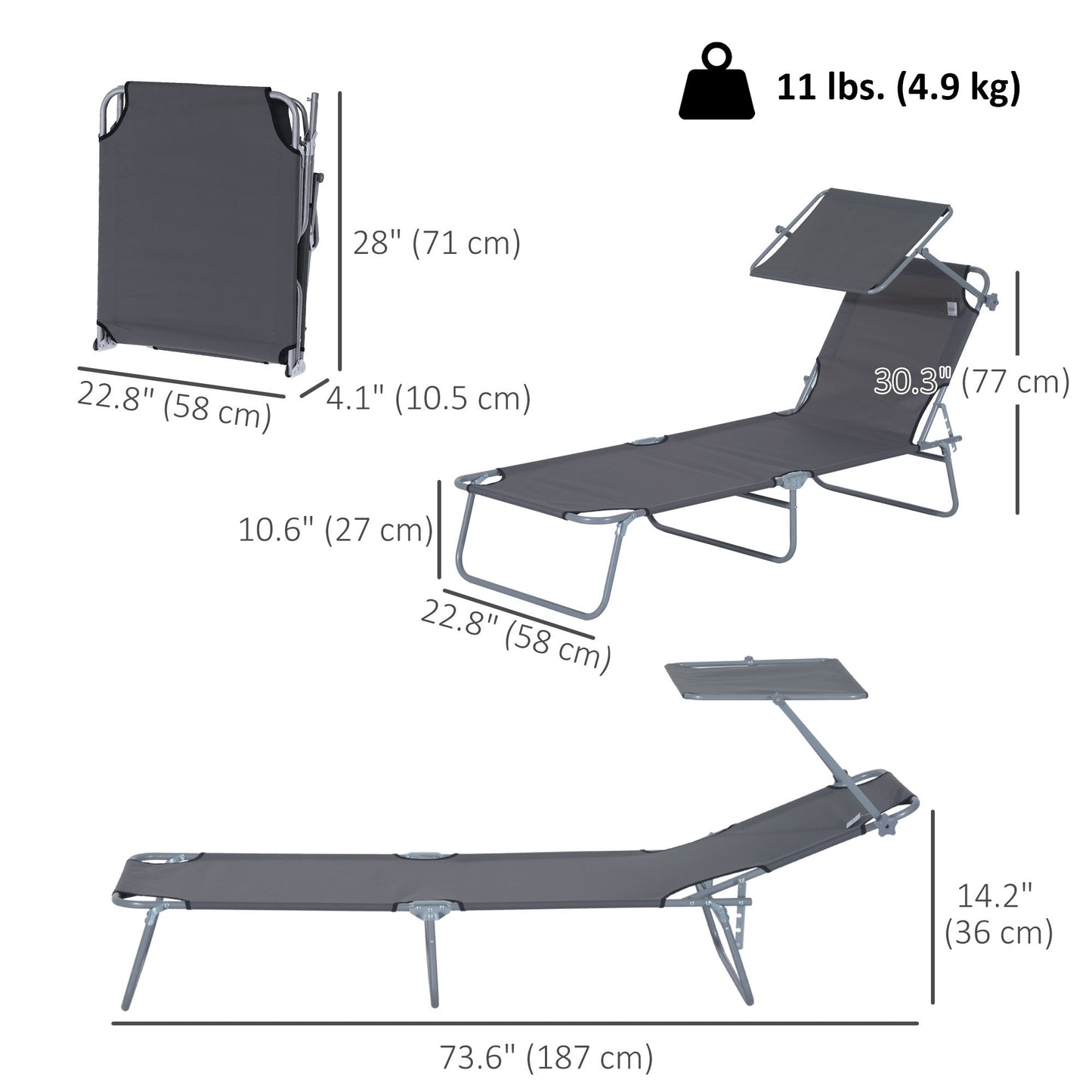 Outdoor Lounge Chair, Adjustable Folding Chaise Lounge, Tanning Chair with Sun Shade for Beach, Camping, Hiking, Backyard, Grey