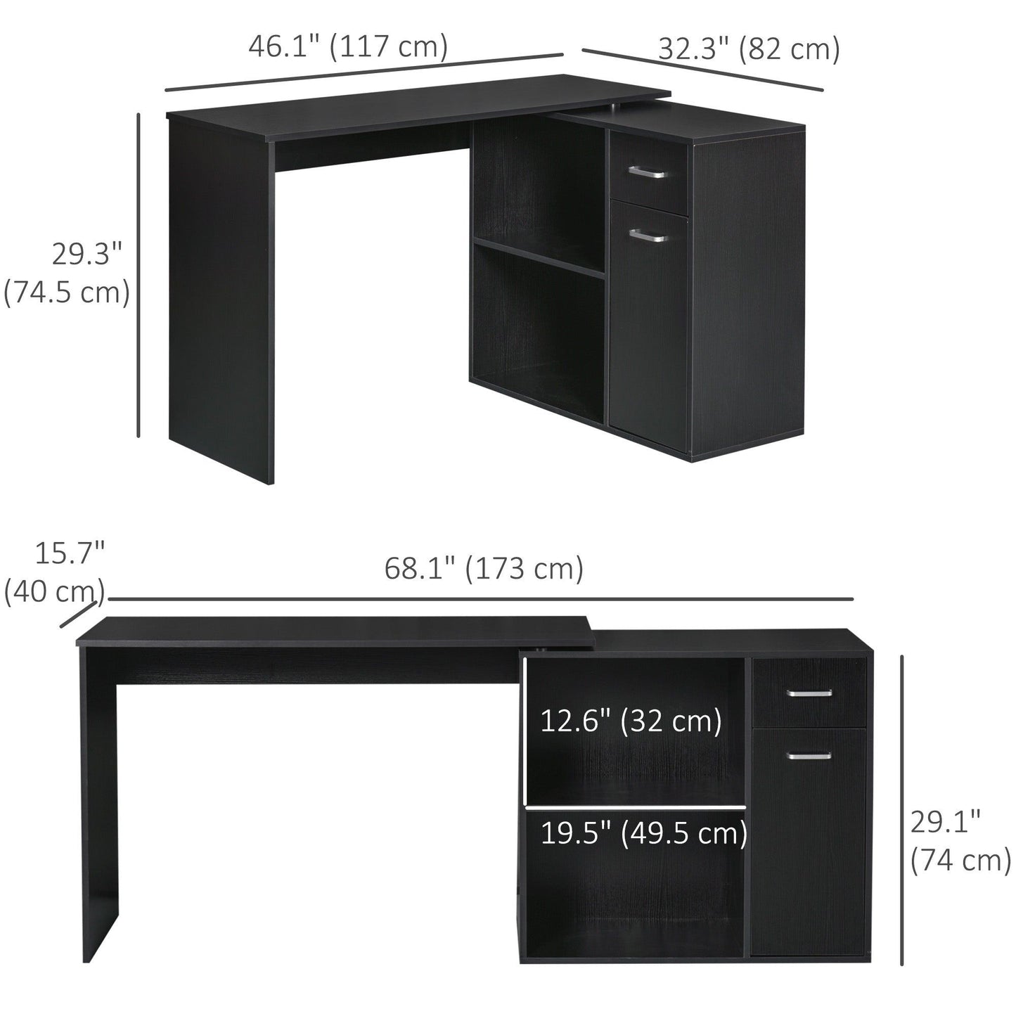 180-Degree Rotating Corner Desk with Cabinet - Black
