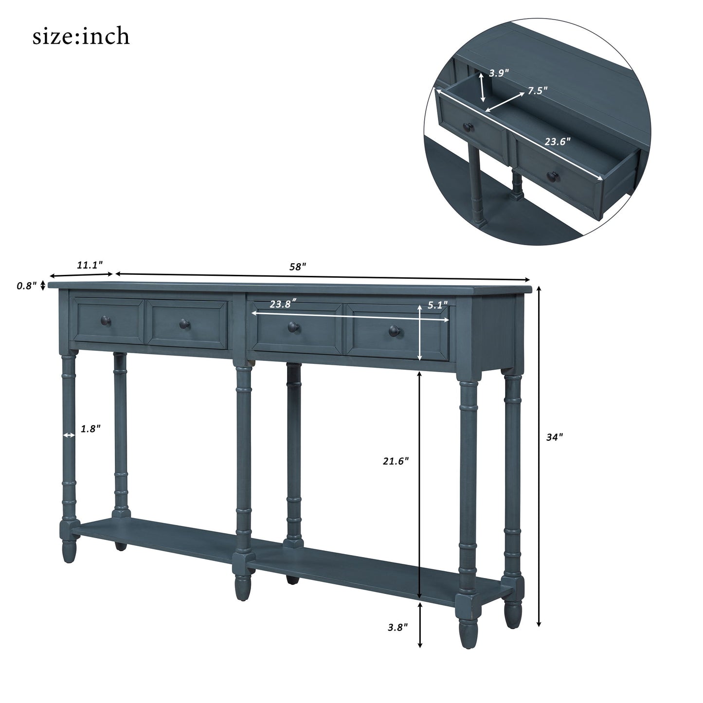 Console Table with Two Storage Drawers and Bottom Shelf, Solid Wood Frame, Easy Assembly, 58" L x 11" W x 34" H, Navy Blue