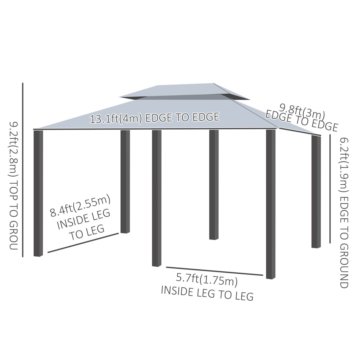 13'L x 10'W x 8.7'H Patio Gazebo Outdoor 2-Tiers Garden Canopy Yard Sunshade Shelter with Curtains, Grey
