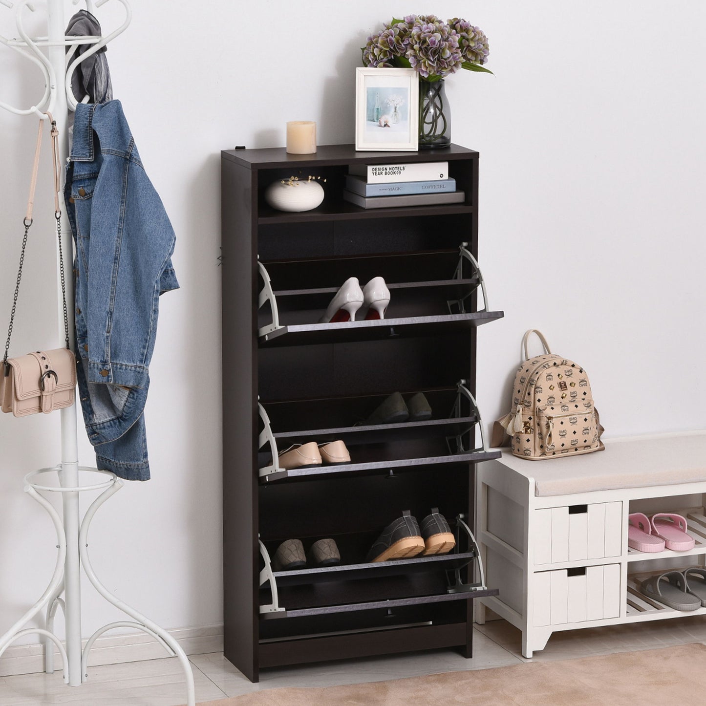 Slim Shoe Storage with 3 Flip Drawers and Adjustable Shelves Shoe Cabinet Organizer for 9 Pair, Coffee