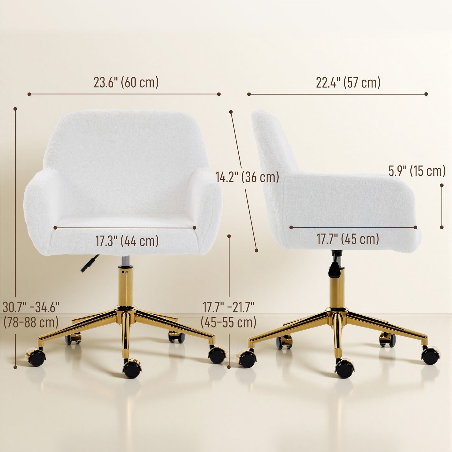 Office Chair, Faux Rabbit Fur Upholstered Vanity Desk Chair, Cream White