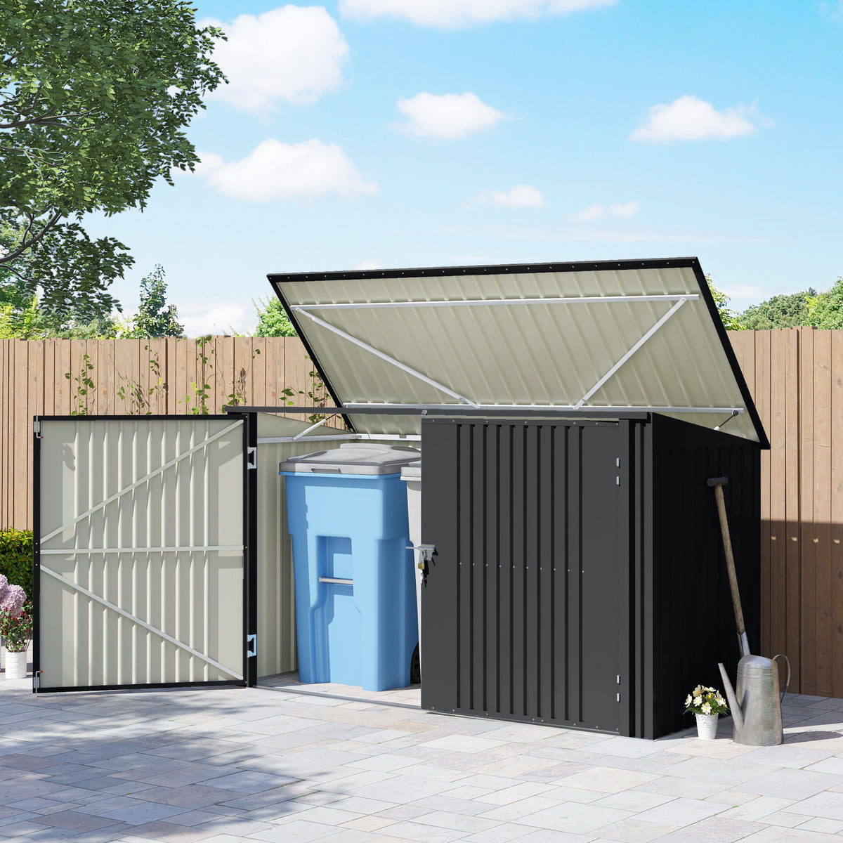 7.6 x 3.4ft Outdoor Storage Shed, Triple Garbage Bin Shed Organizer with Lockable Double Doors and Openable Lid