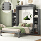 Full Size Murphy Bed with Shelves, LED Lights, Space-Saving Wall Bed with Flexible Slats, Dual Piston Mechanism, 87" L x 81" W x 83.5" H, Grey