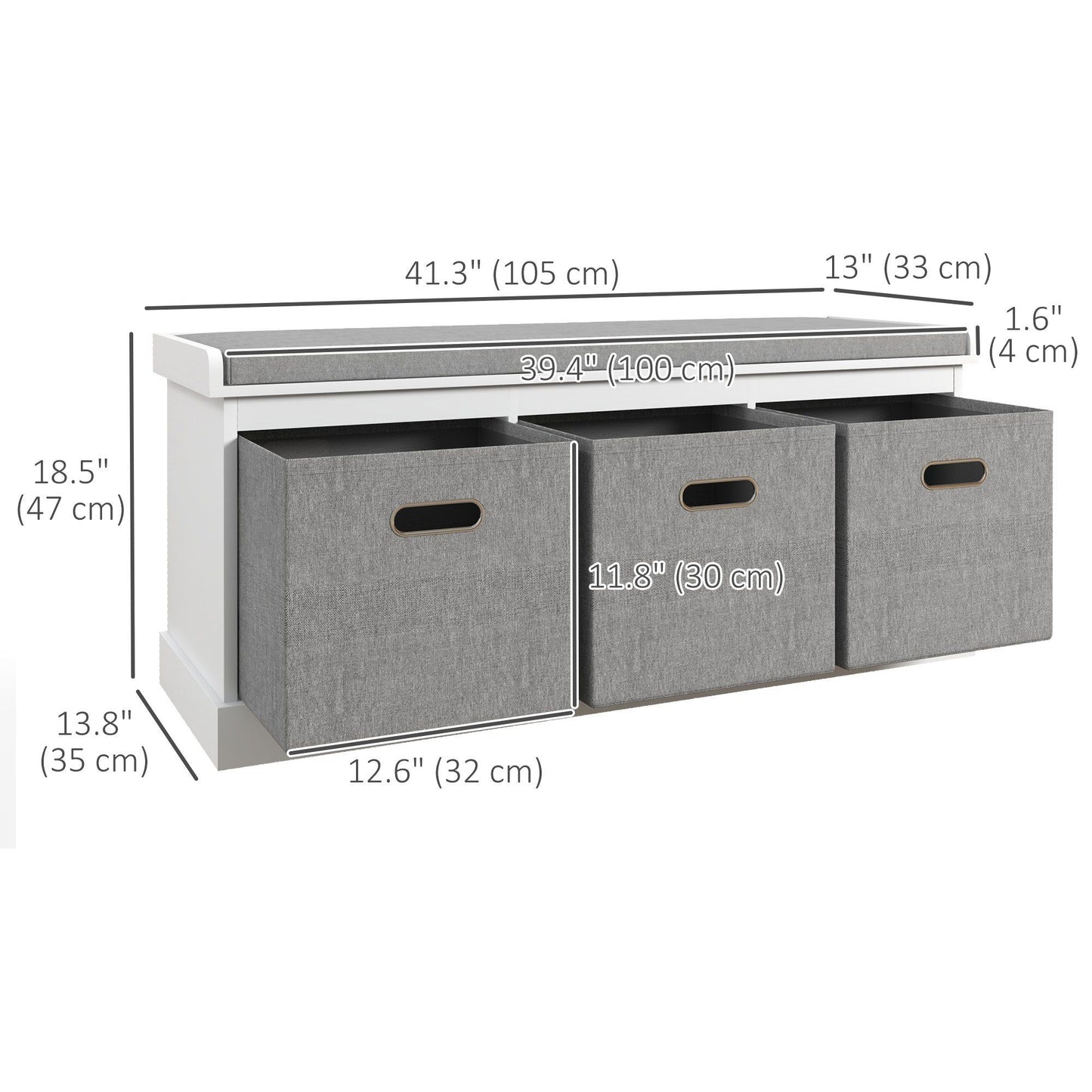 Shoe Storage Bench with 3 Drawers - White