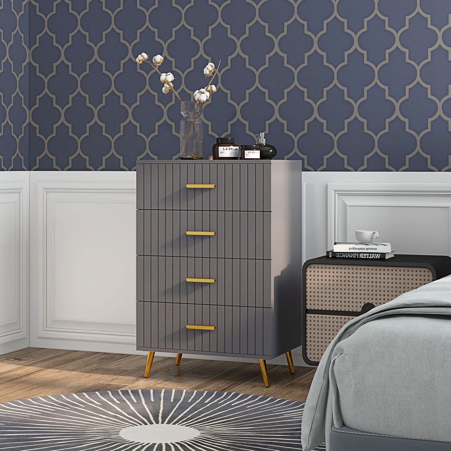 4-Drawer Chest of Drawers with Gold Handles - Dark Grey