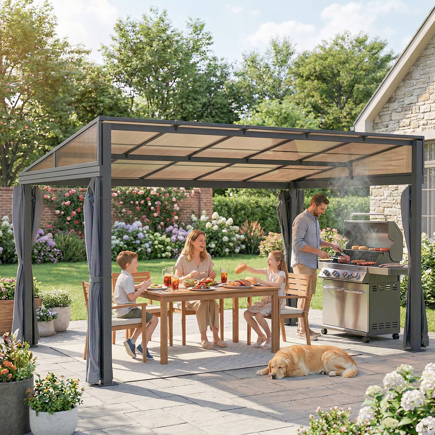 10' x 13' Outdoor Hardtop Pergola Gazebo with Polycarbonate Roof, UV Protection Sun Shelter with Curtains for Garden, Patio and Outdoor Events