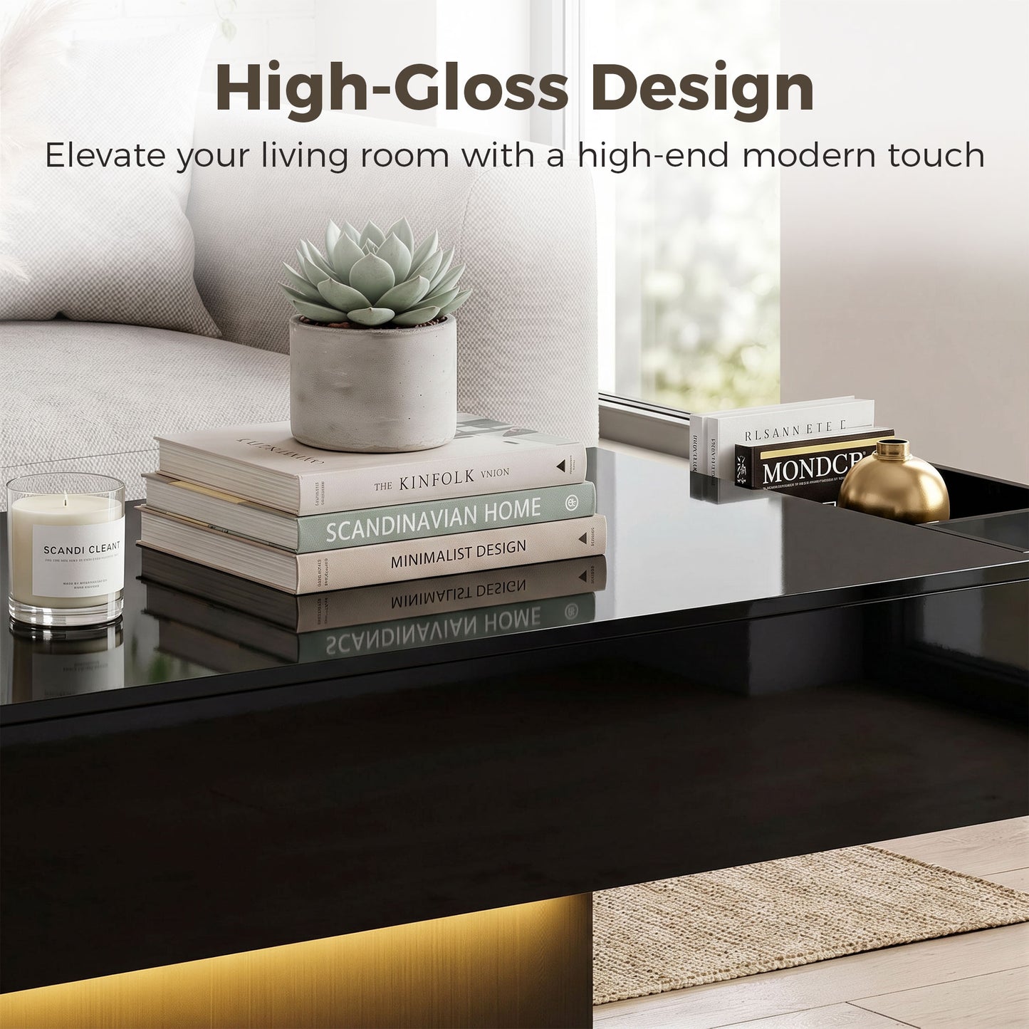LED Coffee Table with Storage, High Gloss Modern Center Table with 2 Drawers and Remote Control for Living Room, Black