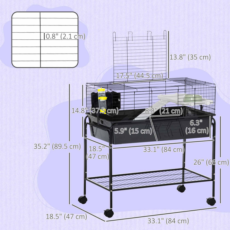 35" Dark Grey Rolling Guinea Pig Cage with Detachable Stand