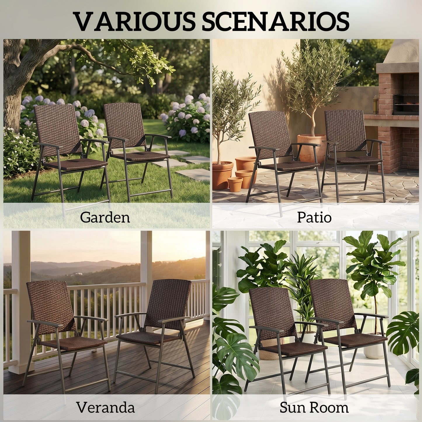 Outdoor Wicker Dining Chair Set of 2, 2 Pieces Rattan Foldable Chair with Steel Frame for Garden, Backyard, Porch, Brown