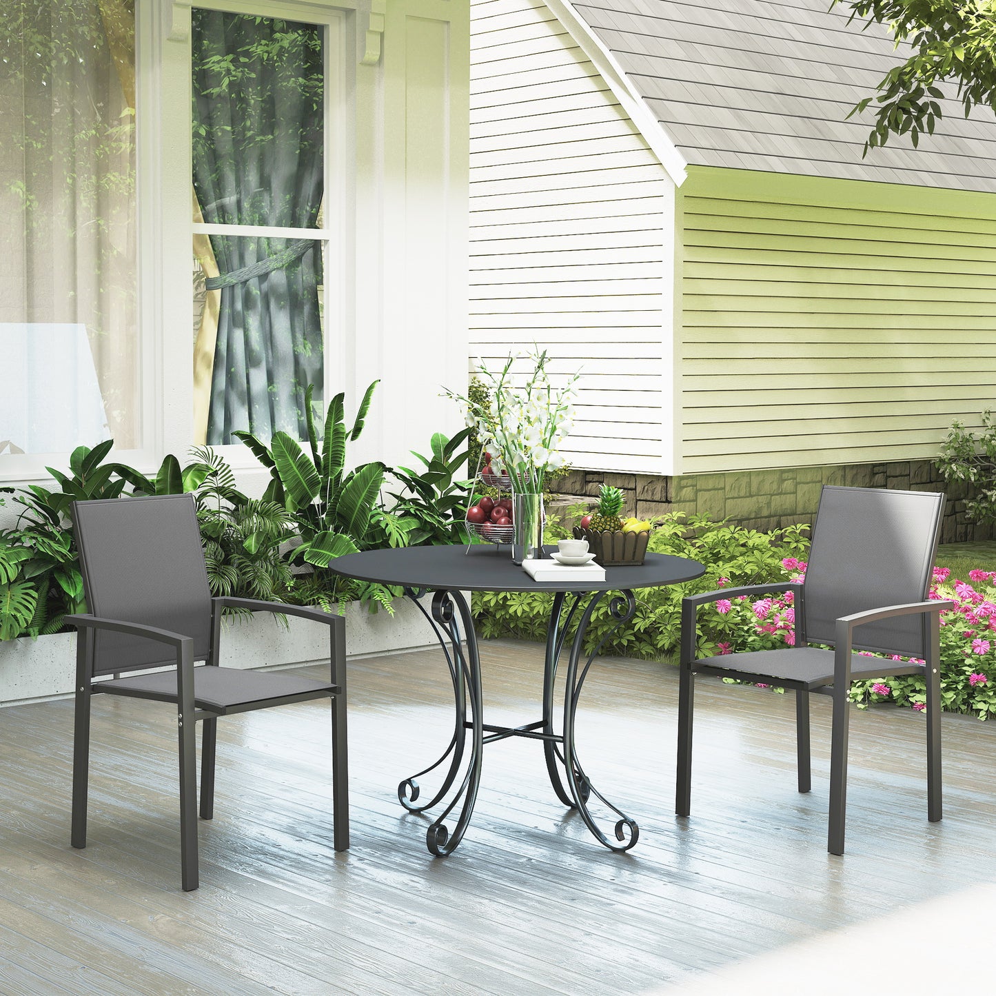 Set of 2 Outdoor Stackable Garden Dining Chairs, Patio Chairs with Breathable Fabric Seat, Armrests and Backrest for Patio, Balcony and Backyard, Dark Grey