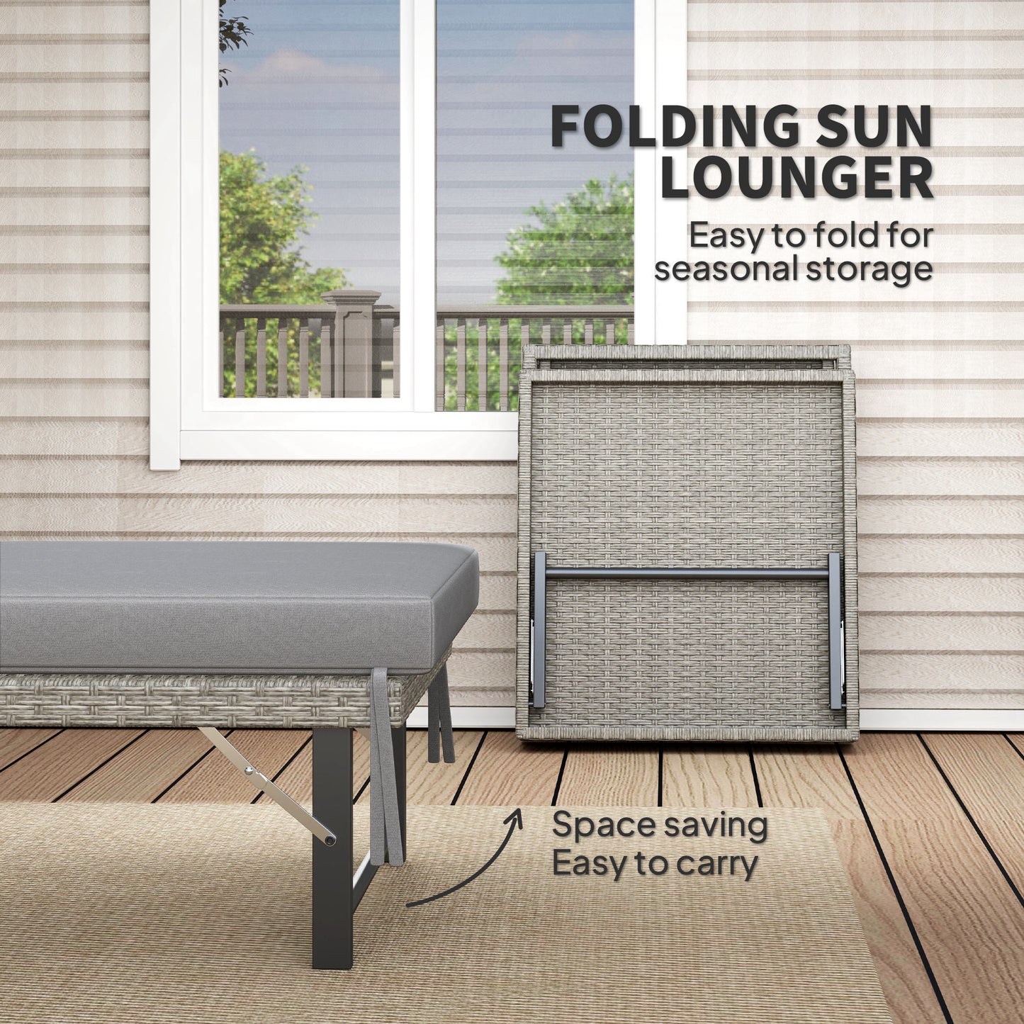 Folding Outdoor Lounge Chair, Wicker Chaise Lounge Tanning Chair with Cushion for Beach, Poolside, Garden, Grey