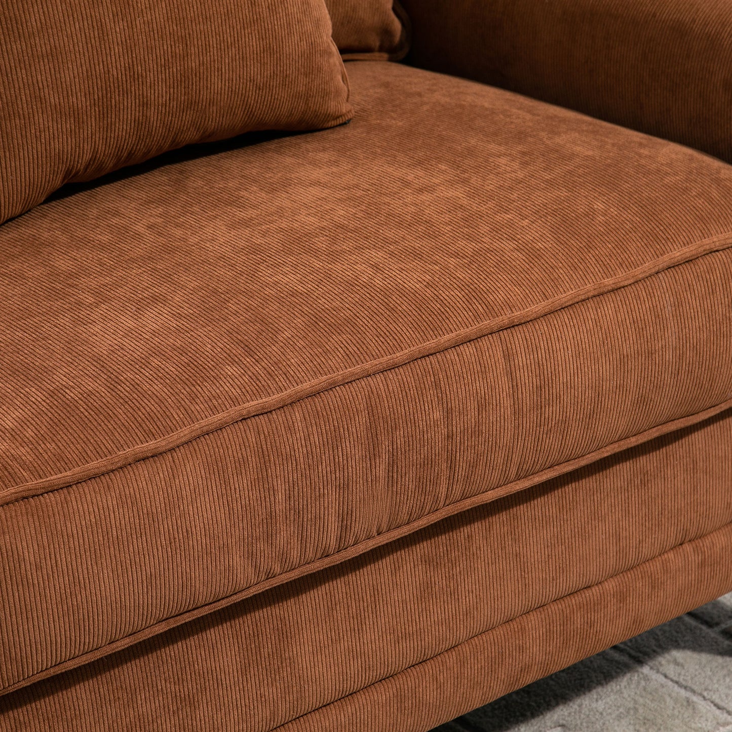 Modern 3 Seater Sofa, Corduroy Fabric 3 Seater Couch with Pine Wood Legs and Rolled Armrests for Living Room, Brown