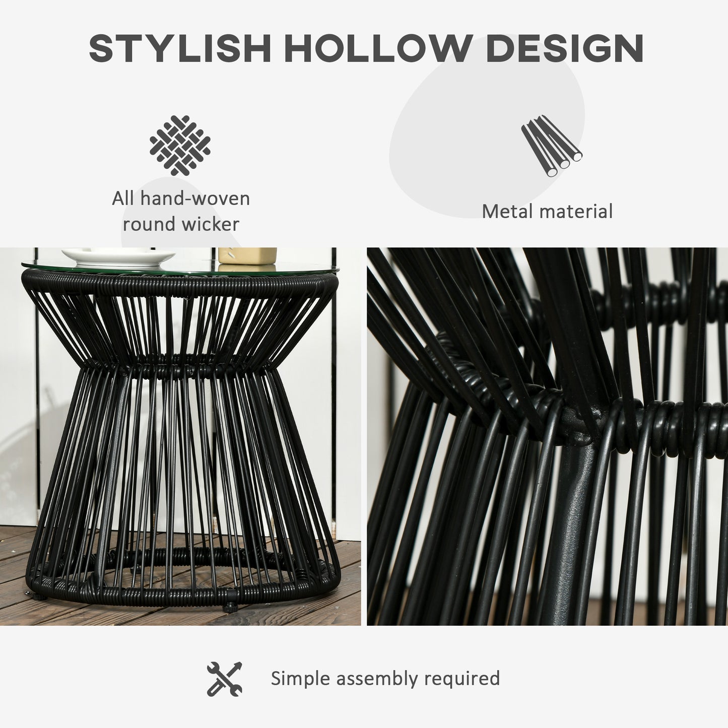 Round End Table, Rattan Side Table, Hollow Drum Design Coffee Table w/ Glass Top for Patio, Garden, Balcony, Dark Grey