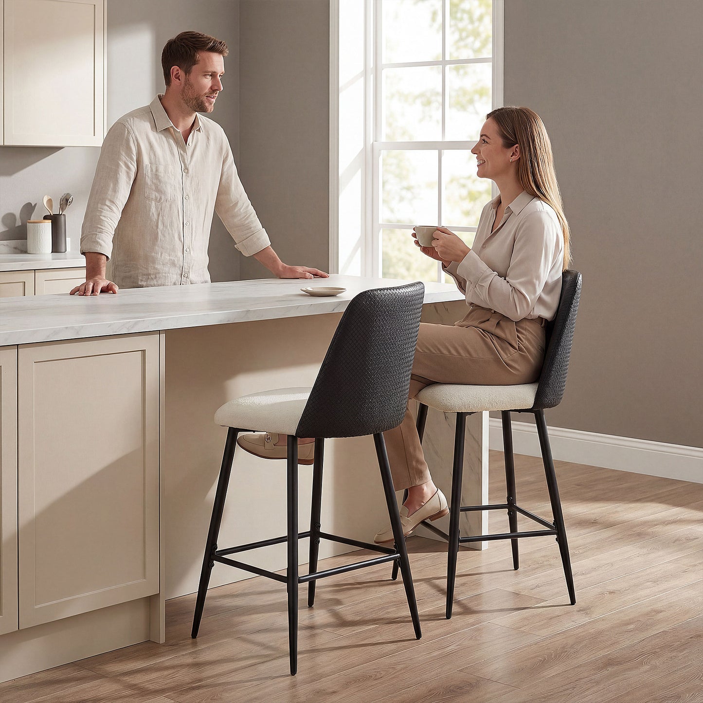 Bar Stools Set of 2, 26" Counter Height Bar Stools with PU Backrest, Linen-look Fabric Seat, Black