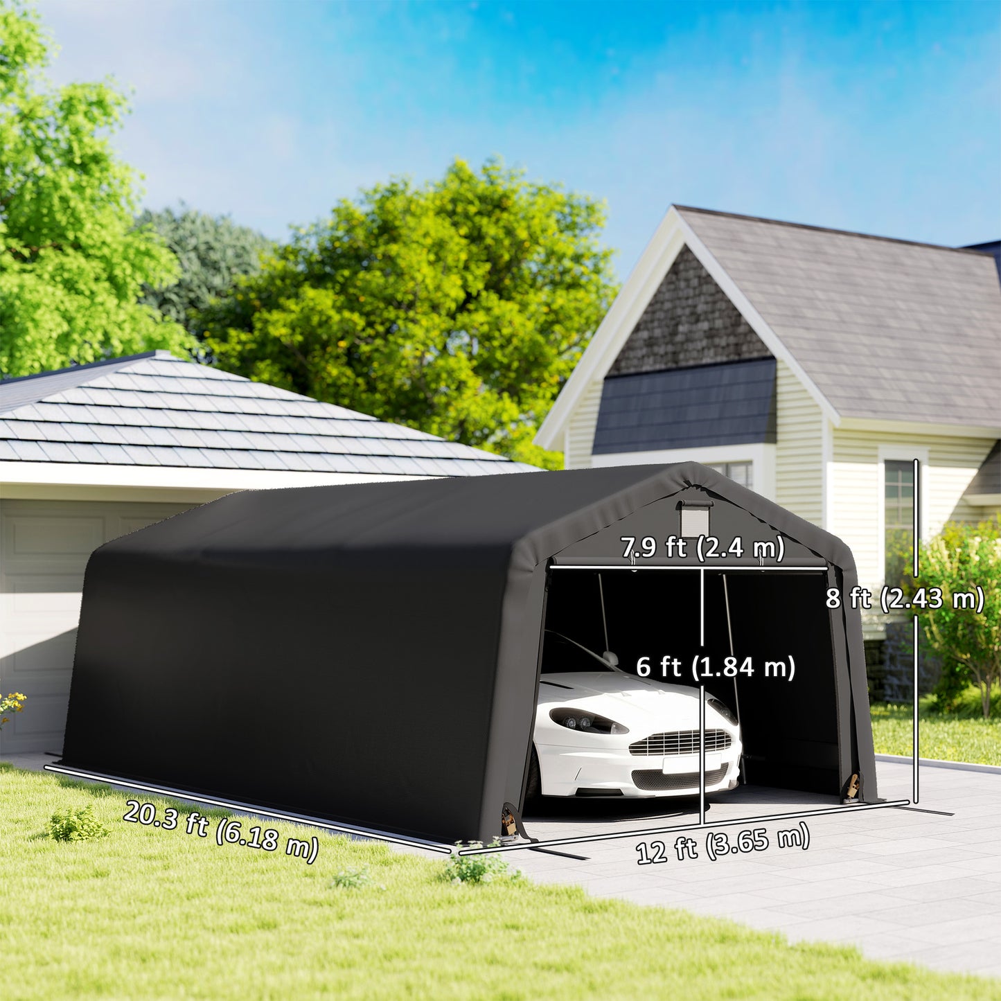 Portable Garage, Heavy Duty Carport Canopy with Ventilation Windows and Large Roll-up Door, Dark Grey