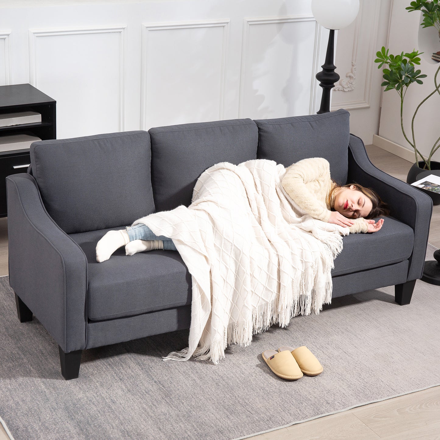 3 Seater Sofa, Modern Couch with Pocket Spring, Linen Upholstered, Thick Padded, Charcoal Grey