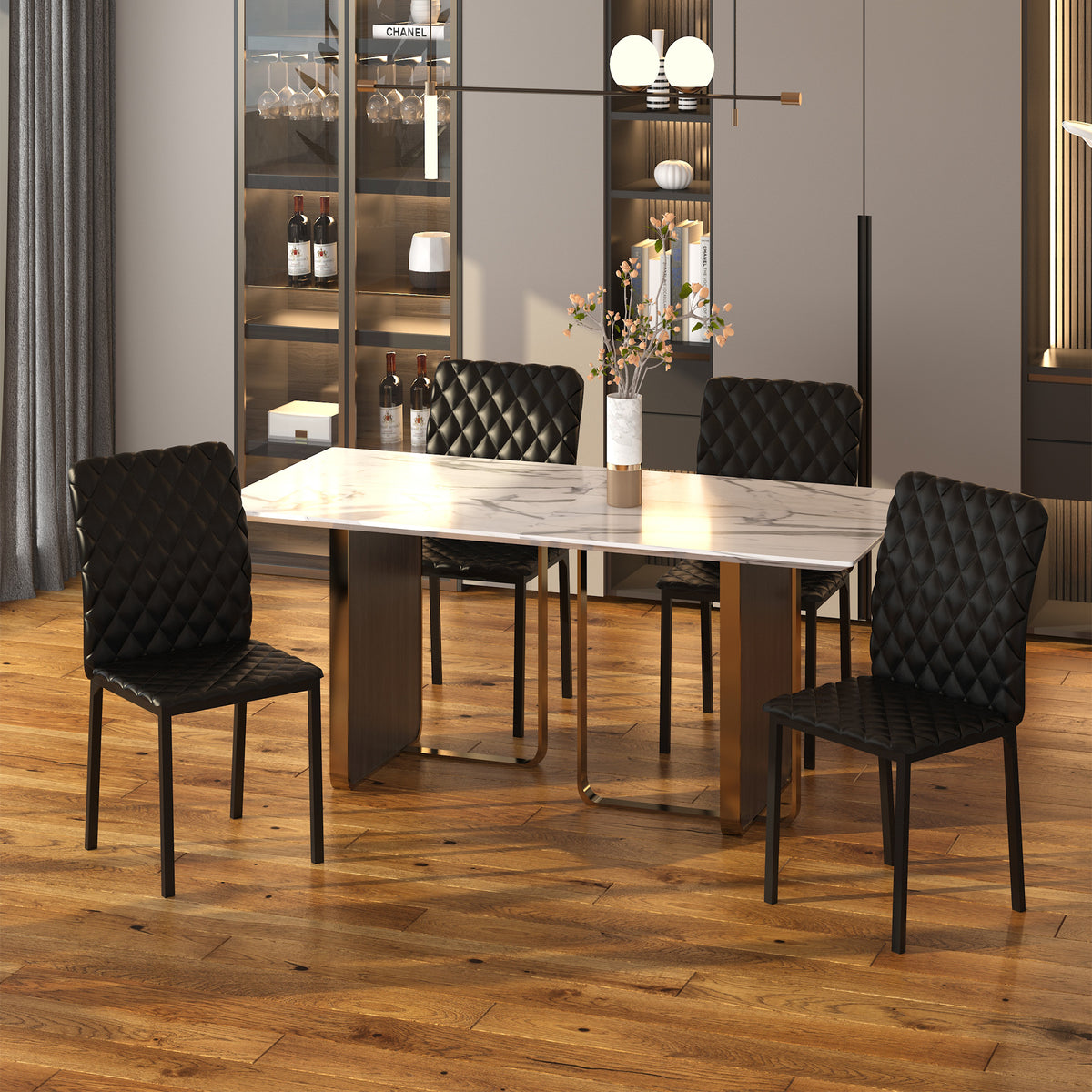 Modern Dining Chairs Set of 4, Upholstered Faux Leather Kitchen Chairs with Rhombic Tufting and Metal Legs for Living Room, Black