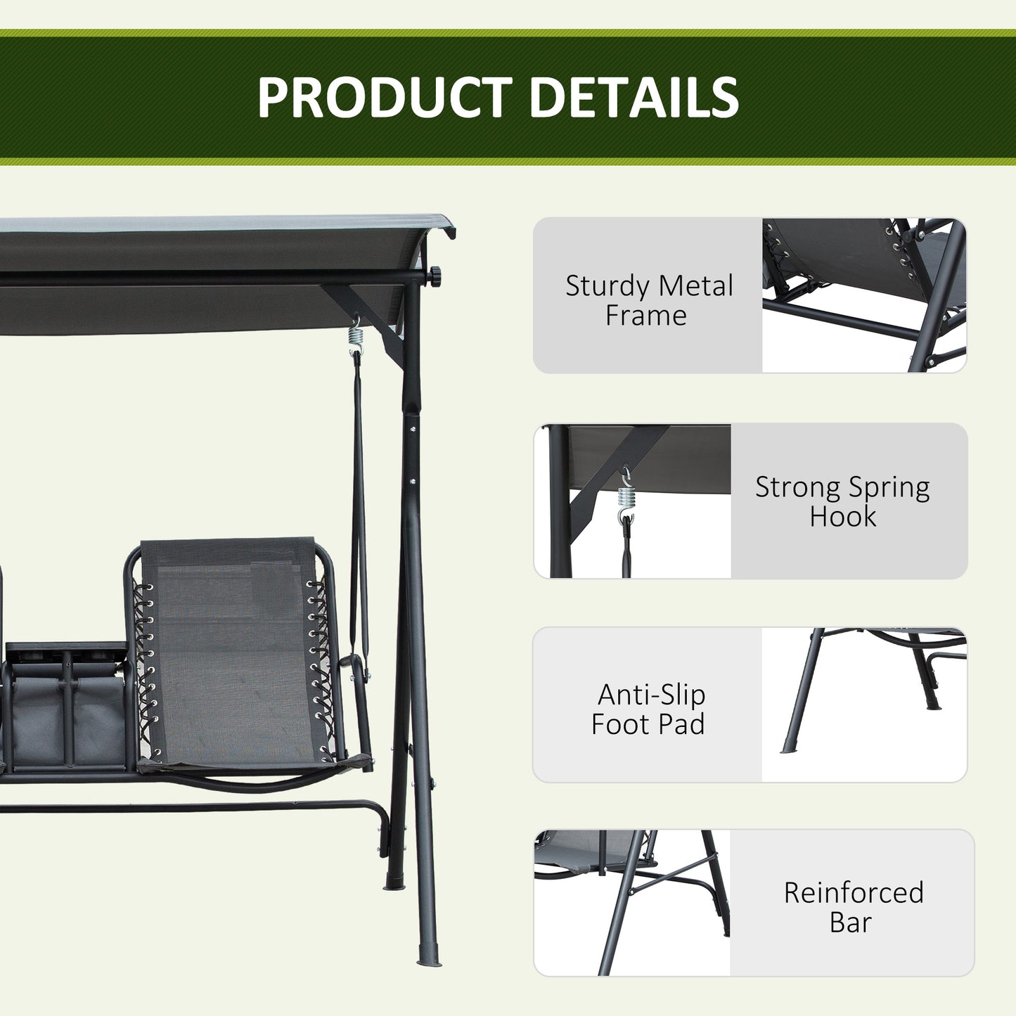 2 Person Covered Porch Swing Patio Swing with Pivot Storage Table, Cup Holder, & Adjustable Overhead Canopy, Black