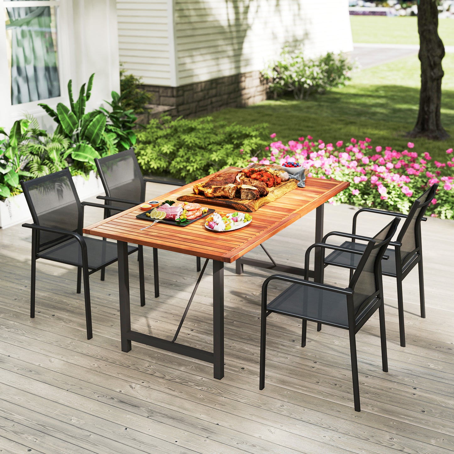 Stackable Patio Chairs Set of 4, Outdoor Dining Chairs with 20" Deep Seat, All Weather Breathable Mesh, Armrests, Black