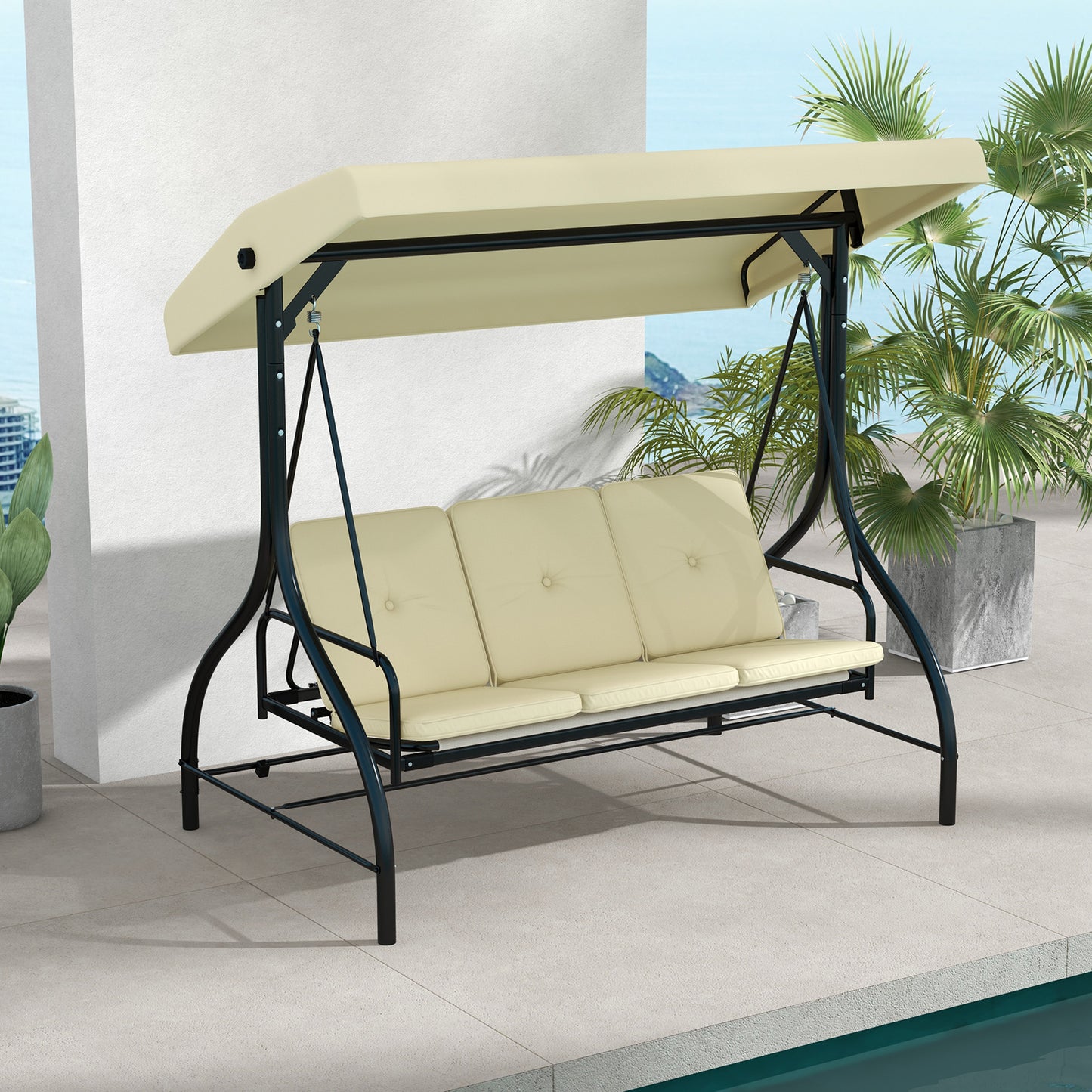 Convertible Patio Swing Bed with Canopy and Cushions, 3 Seater Porch Swing for Outdoor, Backyard, Garden, Beige