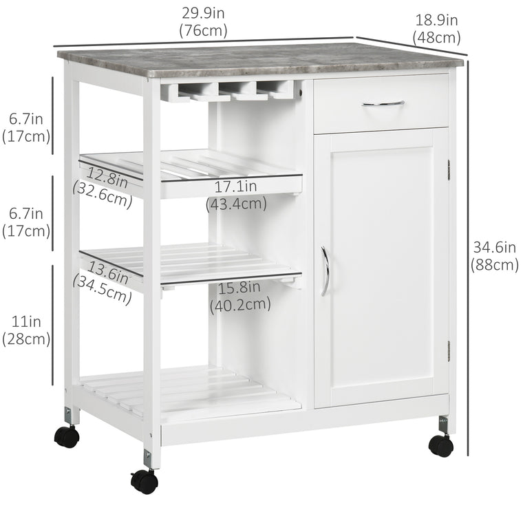 Rolling Kitchen Cart with Wine Rack and Marble Top - White