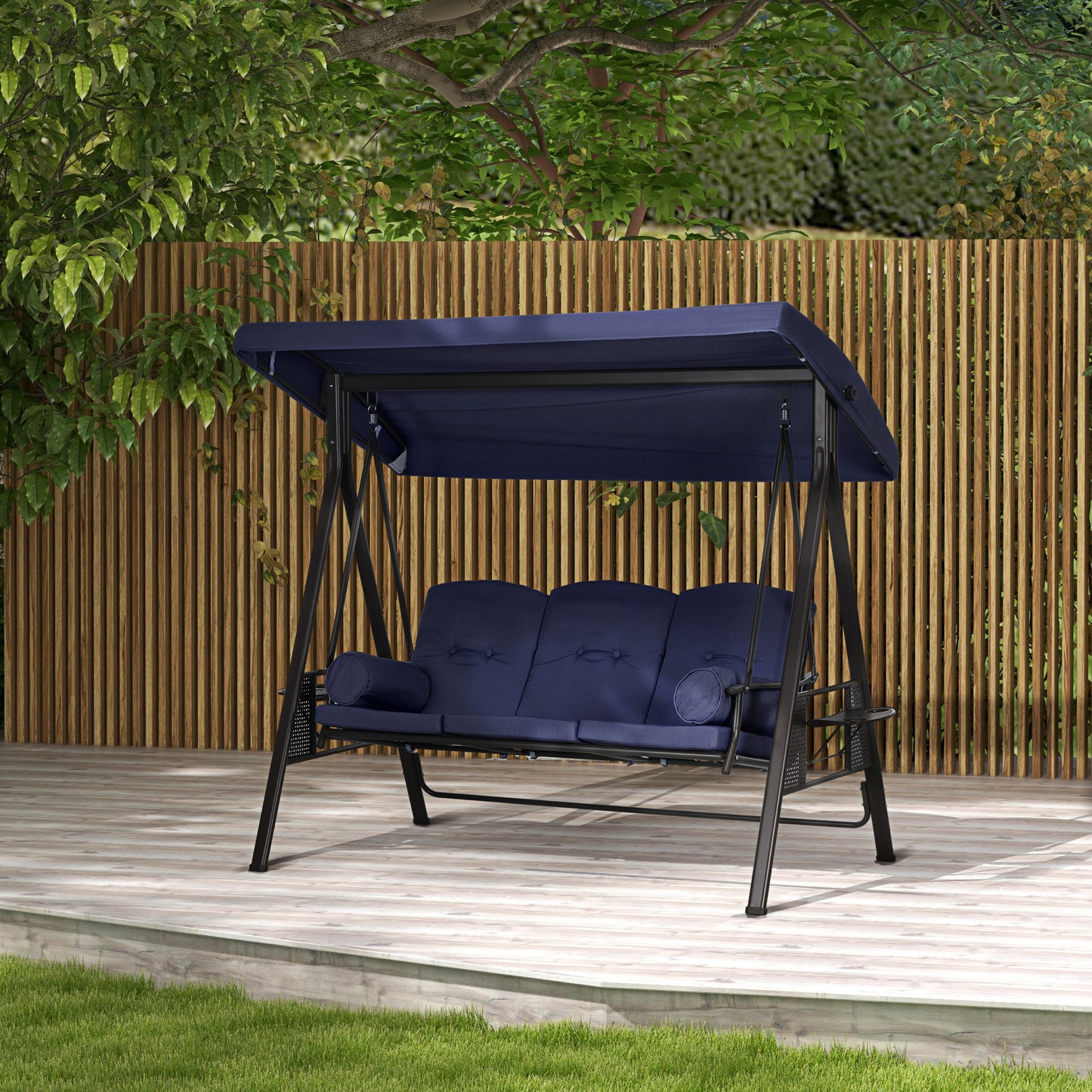 Outdoor Patio 3-Person Steel Canopy Cushioned Seat Bench Swing with Included Side Trays & Padded Comfort, Wine Red