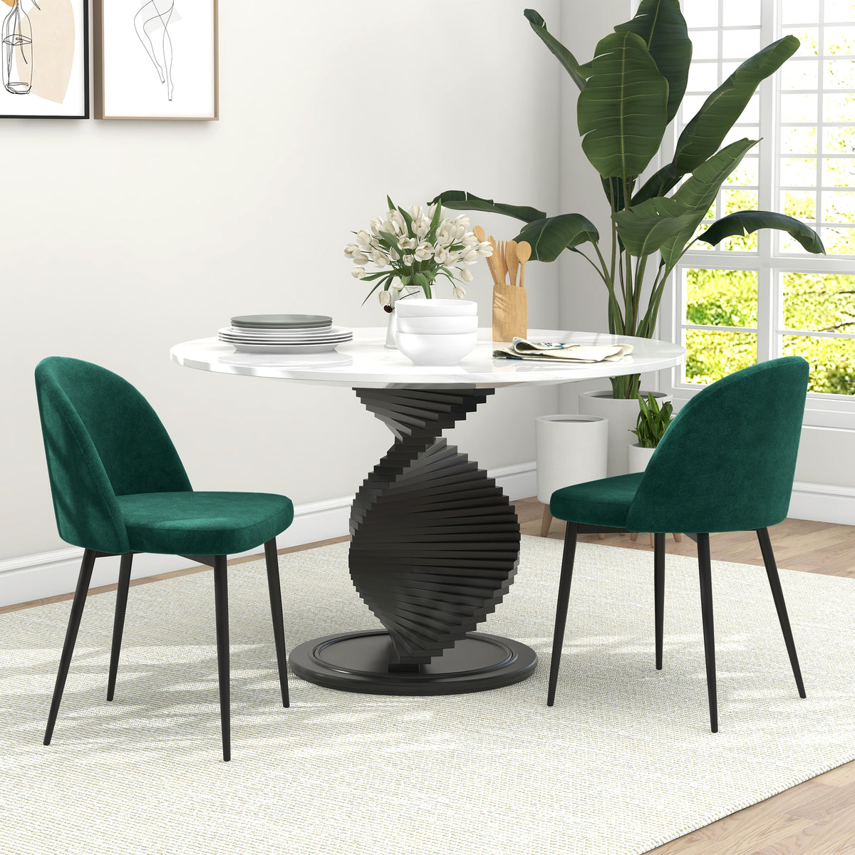 Set of 2 Mid-Back Dining Chair, Mid-Back Velvet-touch Upholstery Kitchen Chair for Living Room Dining Room, Green