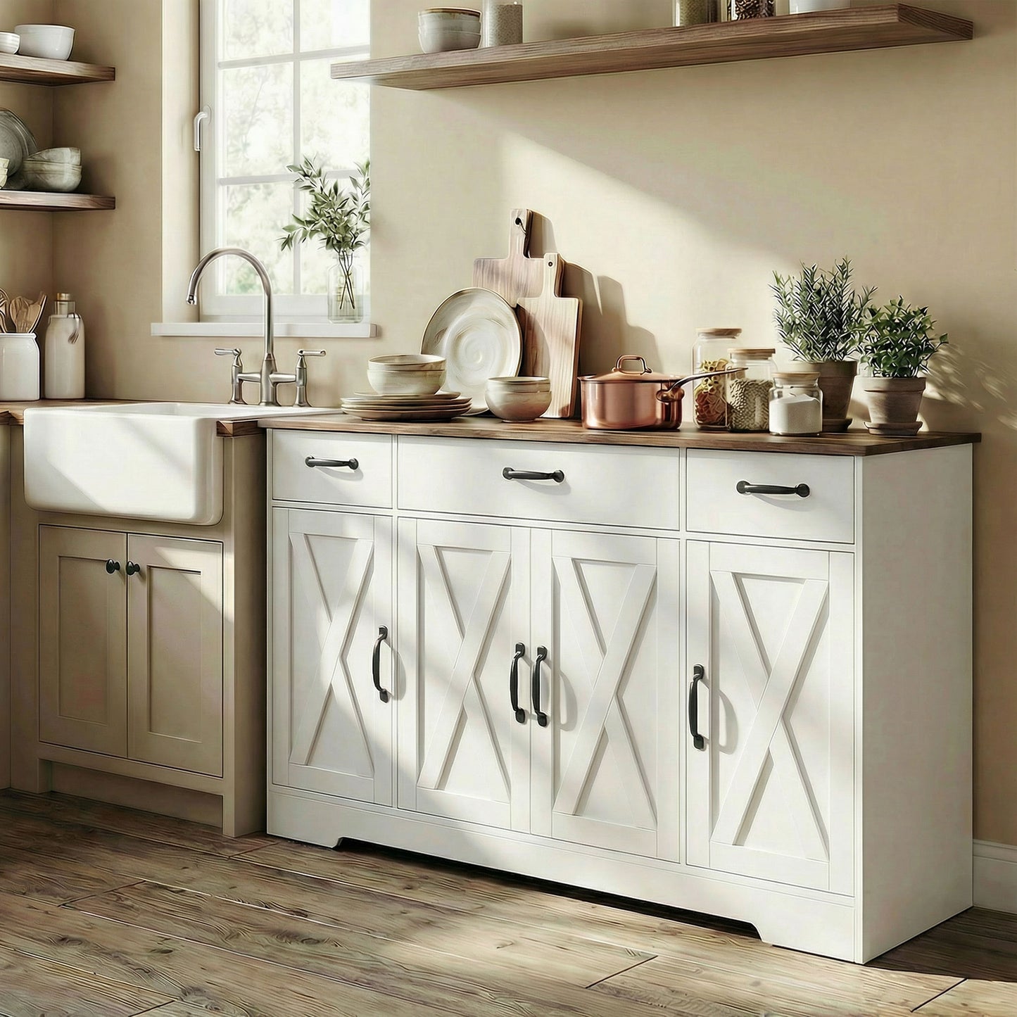 Sideboard Buffet Cabinet, 55" Farmhouse Kitchen Cabinet with 4 Barn Doors, 3 Drawers, 3 Adjustable Shelves, White