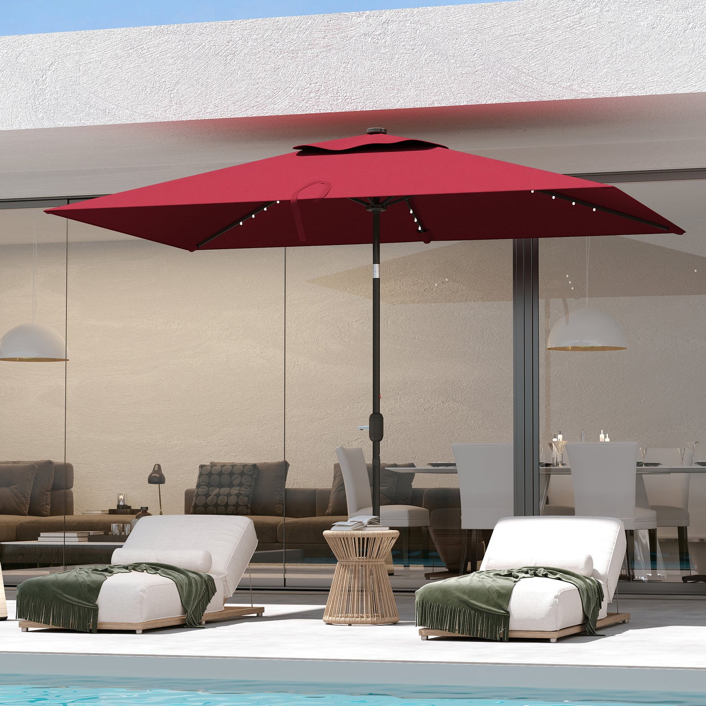 6' x 10' Patio Umbrella with 22 LED Solar Lights and Tilt, Rectangular Outdoor Table Umbrella with Crank, Wine Red