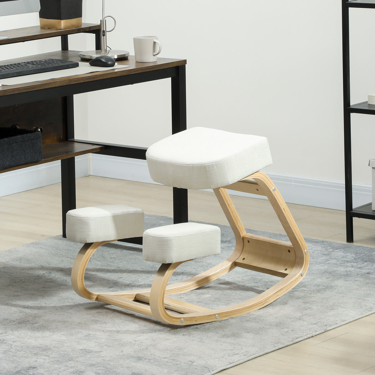 Ergonomic Kneeling Chair, Wood Kneel Stool with Thick Pads, Desk Knee Chair, Improve Posture, Cream White