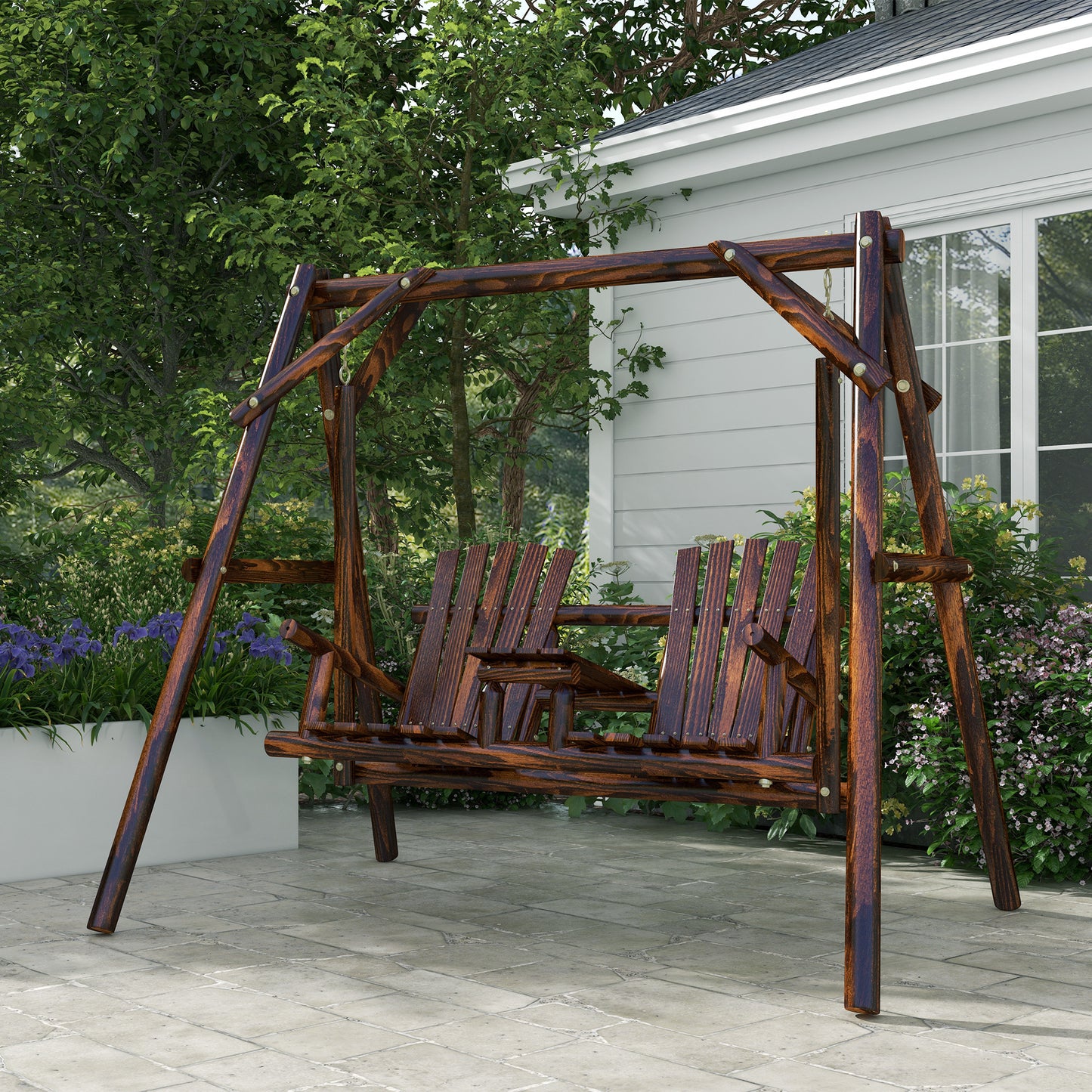 Wooden 2-Seat A-Frame Porch Swing Rustic Patio Bench Outdoor Furniture w/ Table