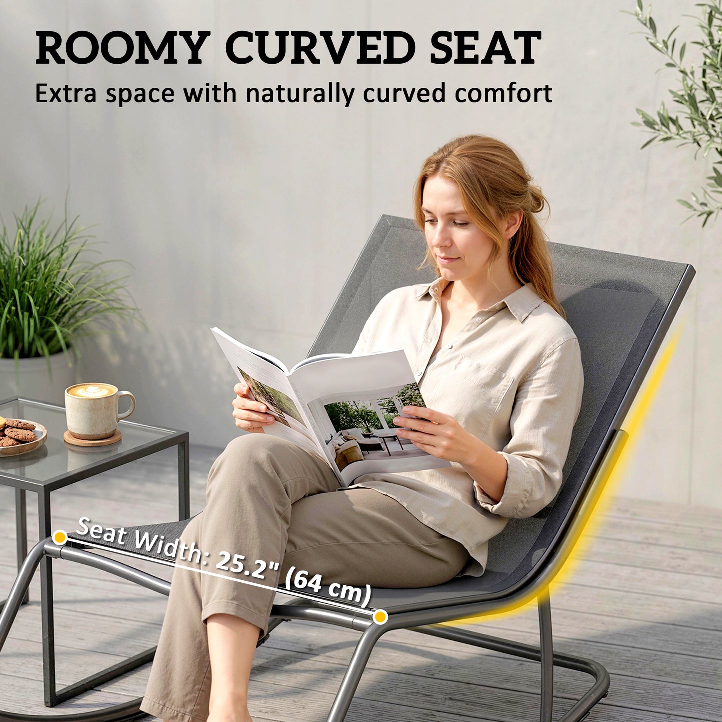 Outdoor Rocking Chair, Oversized Rocking Patio Chair with 25" Extra Wide Mesh Seat and Cushion, Dark Grey