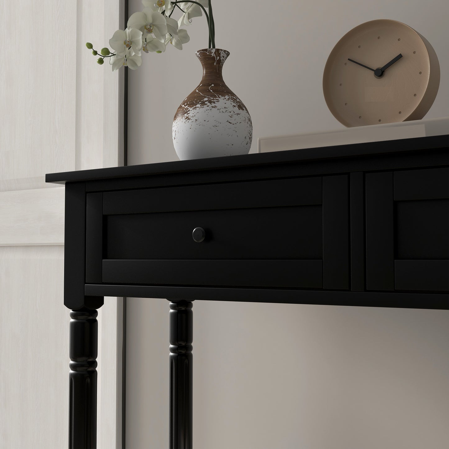 Hallway Console Table, Modern Entryway Table with 2 Drawers, Storage Shelf, Turned Legs for Living Room, Bedroom, Black