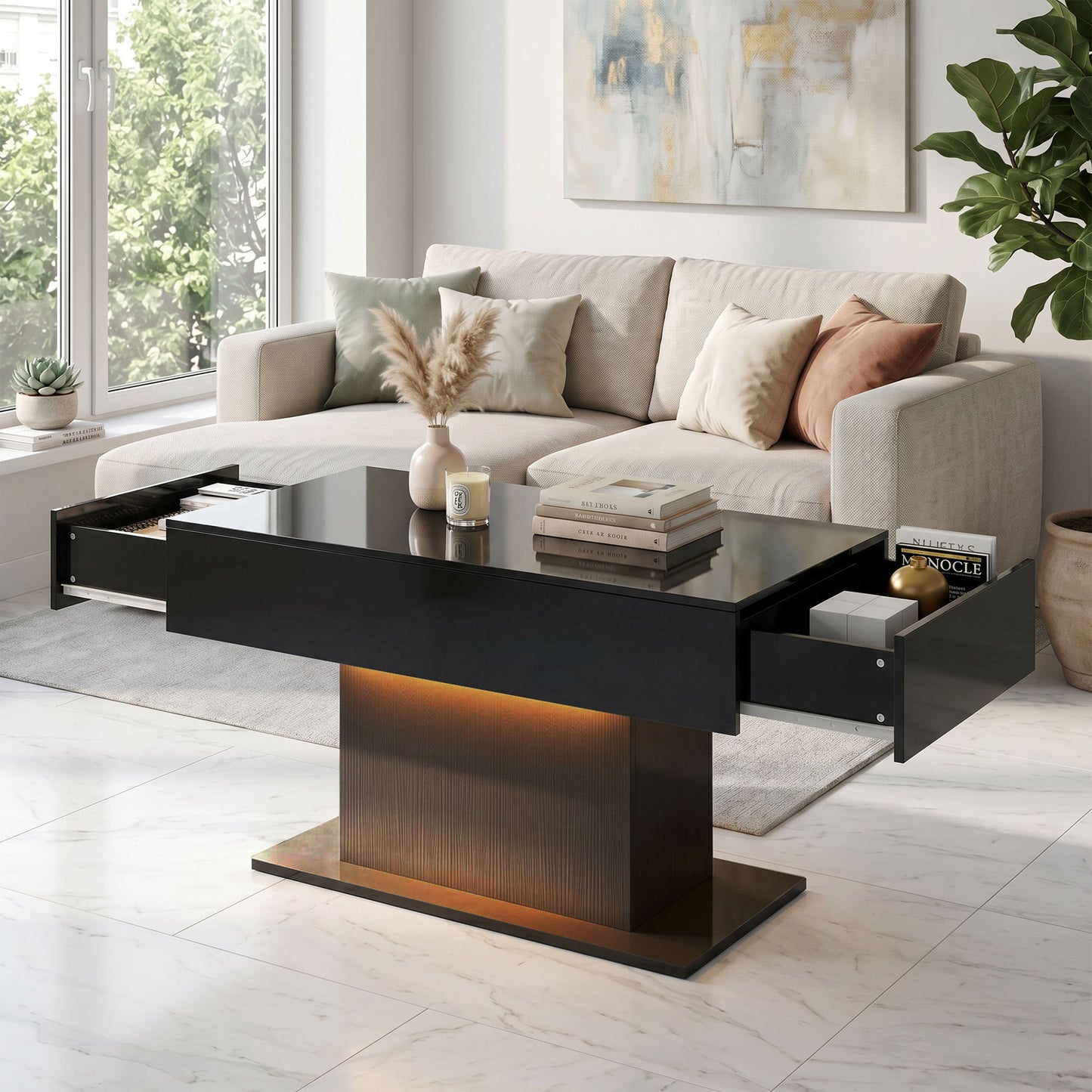 LED Coffee Table with Storage, High Gloss Modern Center Table with 2 Drawers and Remote Control for Living Room, Black
