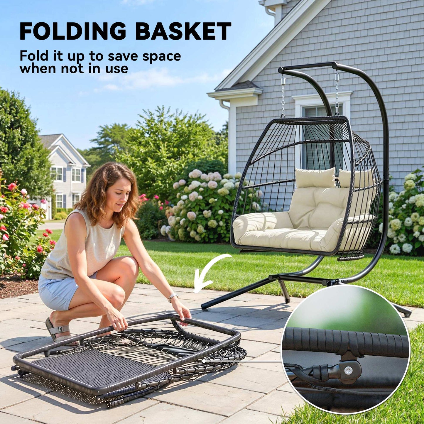Double Wicker Egg Swing Chair with Stand, Foldable Hanging Egg Chair with UV Resistant Cushion, Headrest, Cream White