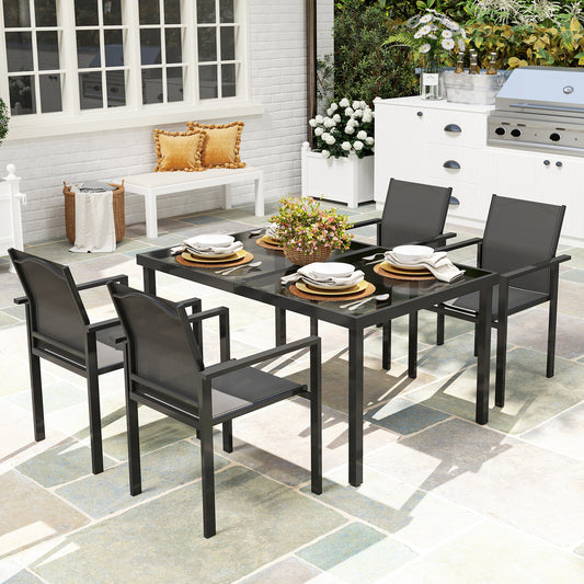 5 Piece Patio Dining Set with 4 Stackable Chairs, Tempered Glass Top, Rust-Resistant Metal Frame