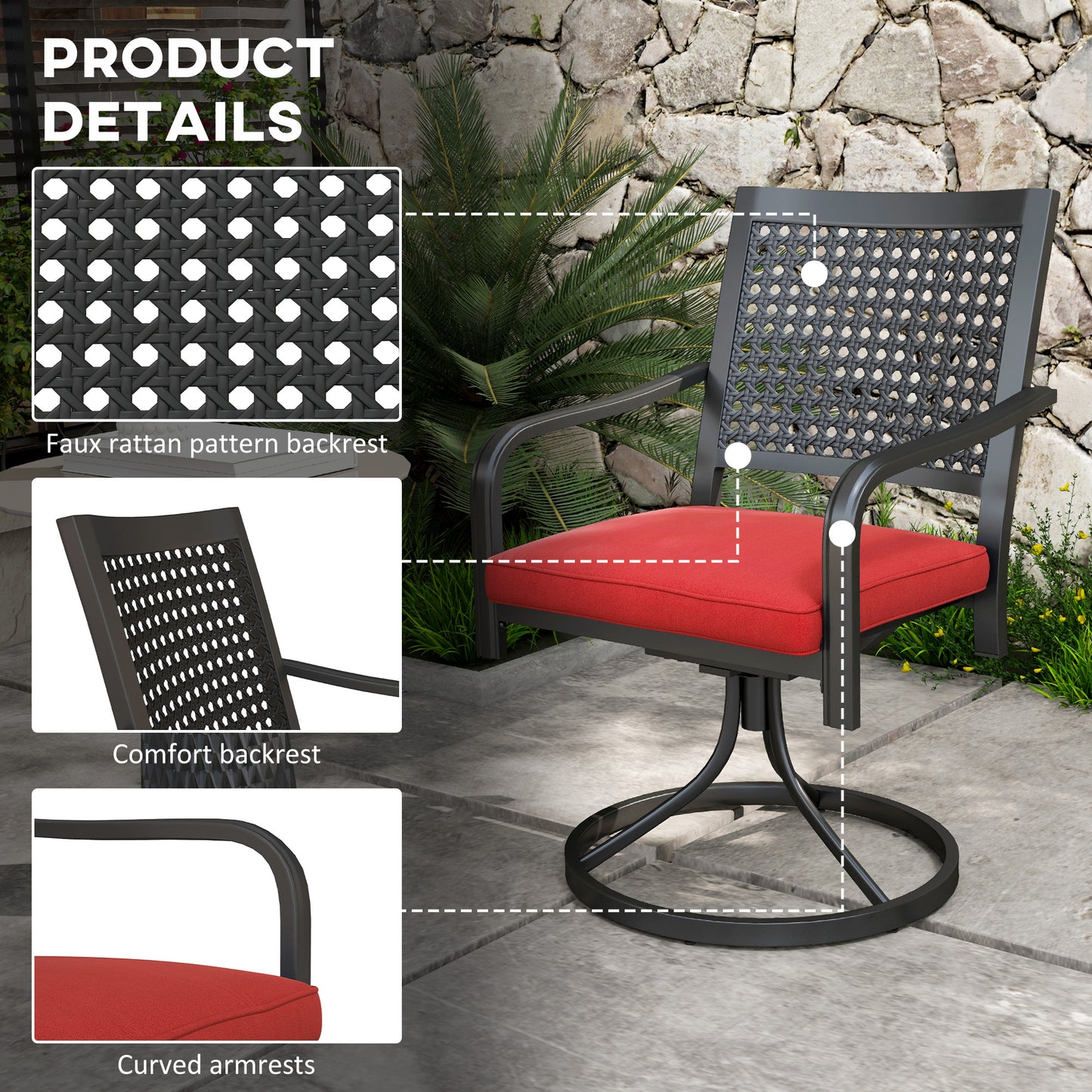Patio Swivel Chairs with Cushion, Outdoor Swivel Rocker with Curved Armrests, Red