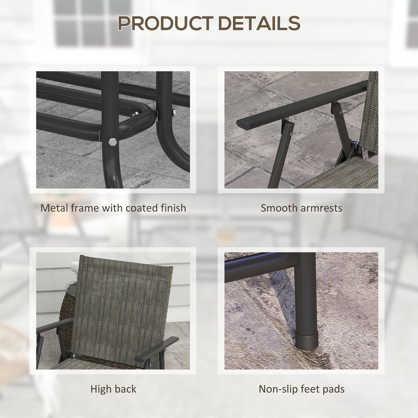 Outdoor 4 Pieces Patio Furniture Set, Garden Set with Two Foldable Armchairs, a Loveseat & Glass Top Table, Mixed Grey