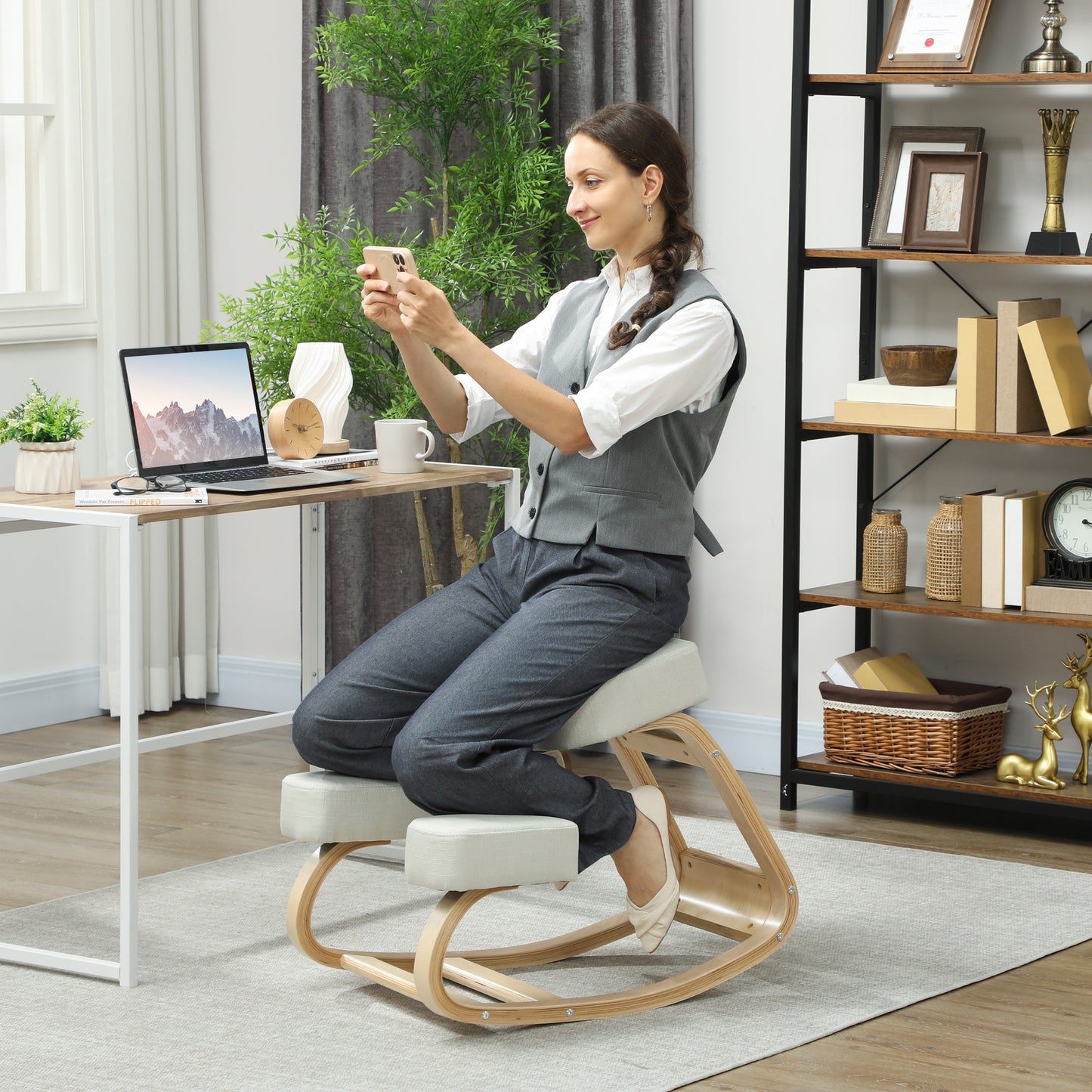 Ergonomic Kneeling Chair, Wood Kneel Stool with Thick Pads, Desk Knee Chair, Improve Posture, Cream White